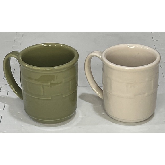 Longaberger Pottery Coffee Mugs Woven Traditions Set 2 USA Vintage Cream Green - Picture 1 of 12